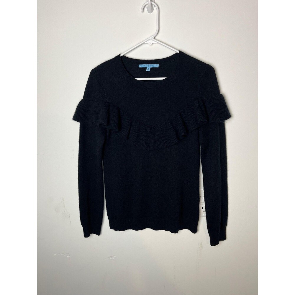 Antonio Melani Sweater Womens Medium Black 100% Cashmere Ruffle Trim Crewneck